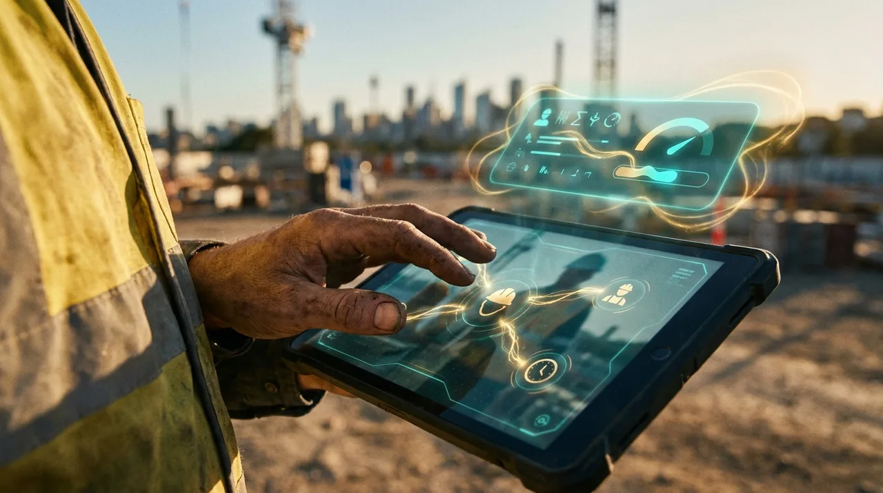 A close mid shot of a weathered allocator's grimy hand over a tablet on a Sydney site at golden hour matching a worker to a host order, dusty