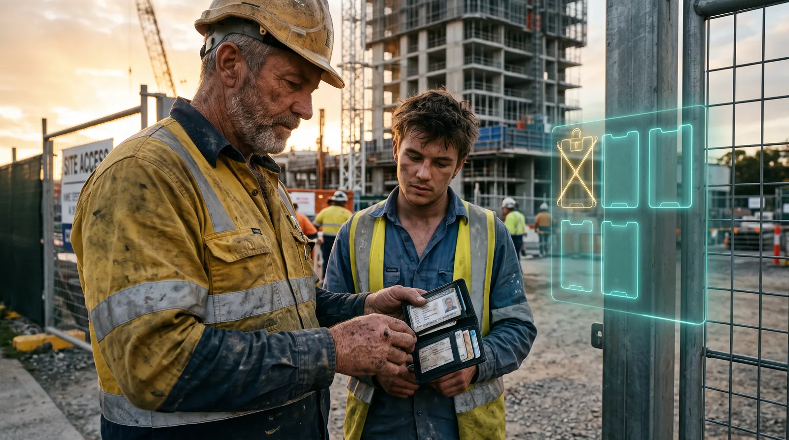 An older weathered Sydney foreman at a site gate at dawn checking a young labourer's wallet of laminated competency cards before letting him on the deck