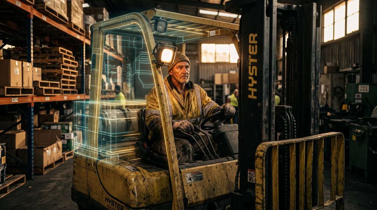 A warehouse worker at the controls of a forklift in a Sydney distribution centre aisle, the kind of steady work an LF licence opens up
