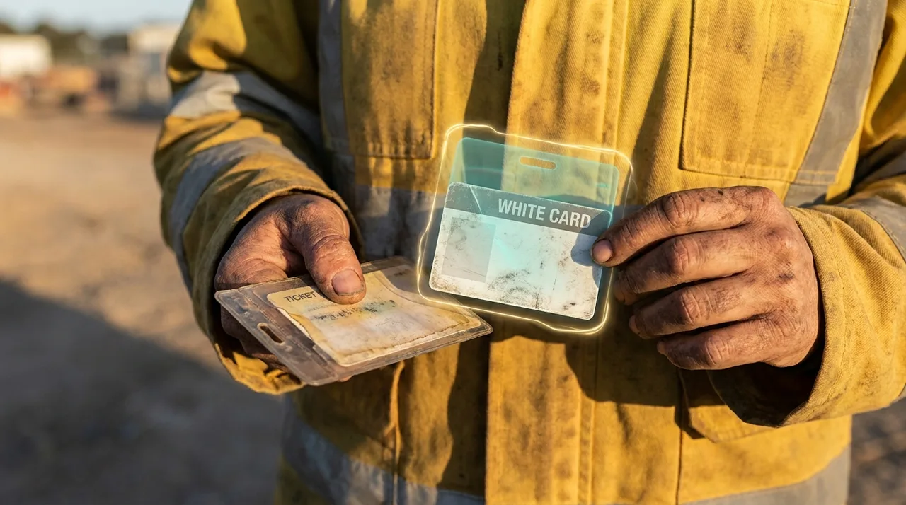 A close mid shot of a weathered female Sydney labourer's calloused hands holding a plastic ticket sleeve and a worn White Card against her dusty