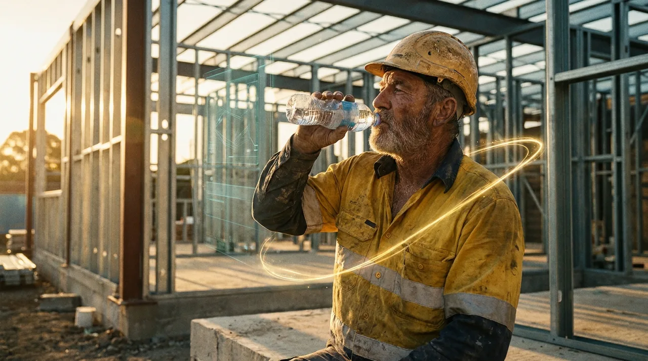 An older weathered Sydney site worker in dusty golden-yellow hi-vis and a scuffed hard hat tipping back a water bottle at smoko beside a half-built Sydney