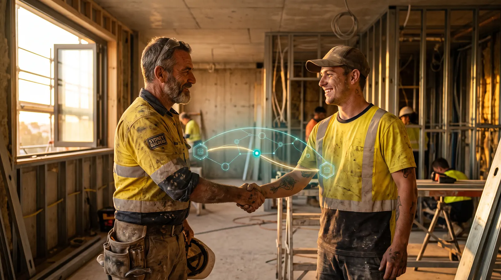 A Sydney builder and a labourer shaking hands in a half-built fitout at golden hour, the agreed conversion that turns a trial into a hire