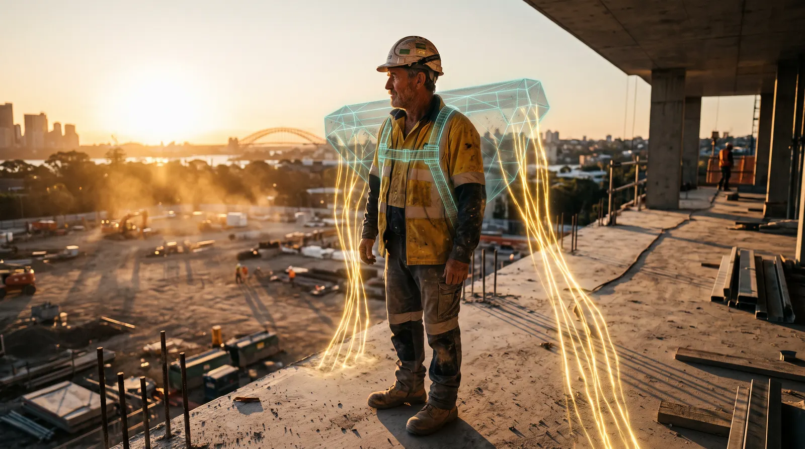 A lone site supervisor standing on an empty upper slab at golden hour looking out over the job, carrying the kind of responsibility a casual placement cannot hold