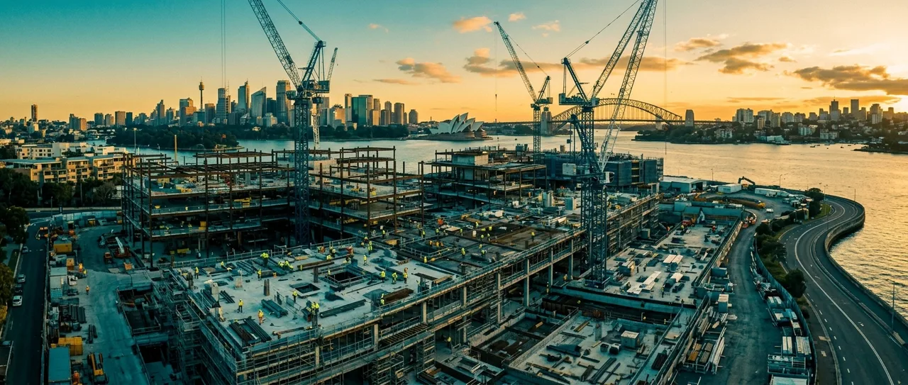 Panoramic view of a massive Sydney construction site at golden hour showing the scale of the industry