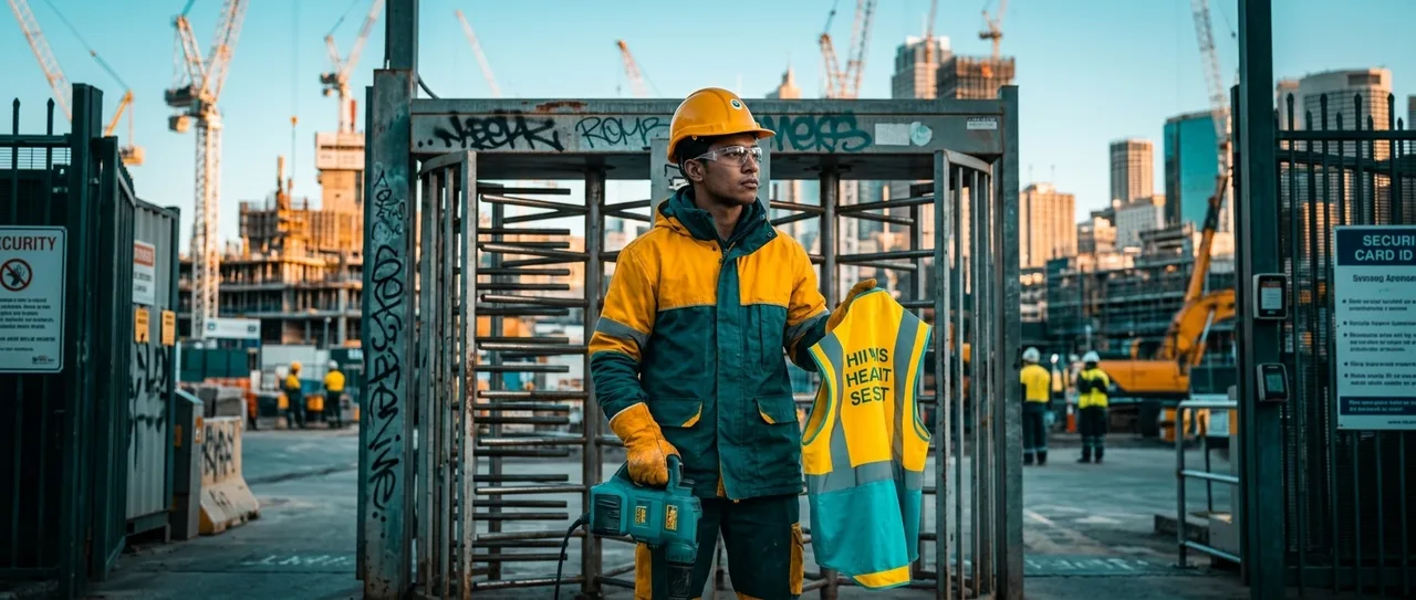 Casual labour hire crew setting up an outdoor festival venue in Sydney at sunset