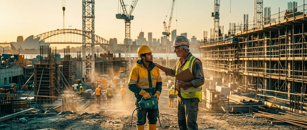 Professional on their first day at a Sydney construction site, wearing new hi-vis and hard hat