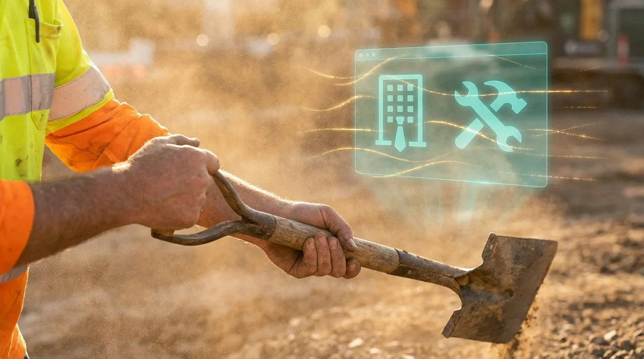 A close mid shot of a former white-collar worker's softer hands gripping a shovel for the first time on a Sydney site, fresh dusty golden-yellow hi-vis