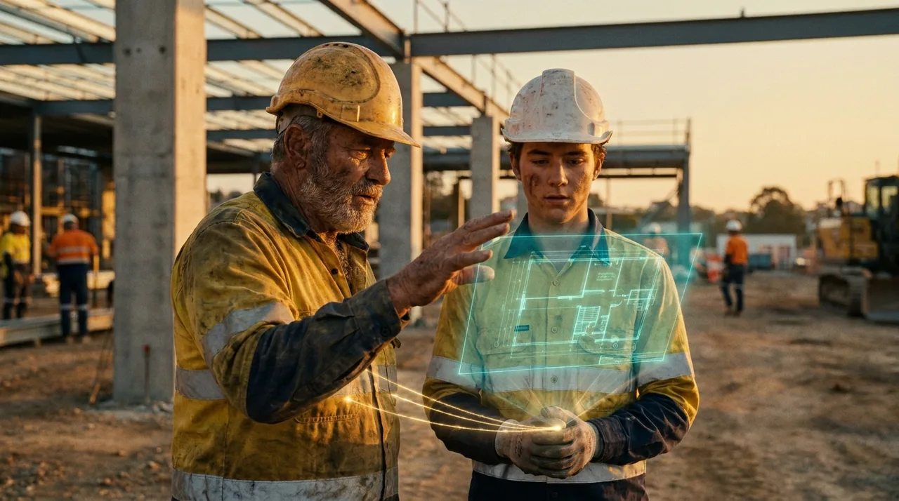 A weathered Sydney leading hand in dusty golden-yellow hi-vis showing a newer career-changer worker how to read a site layout at golden hour, both in hard