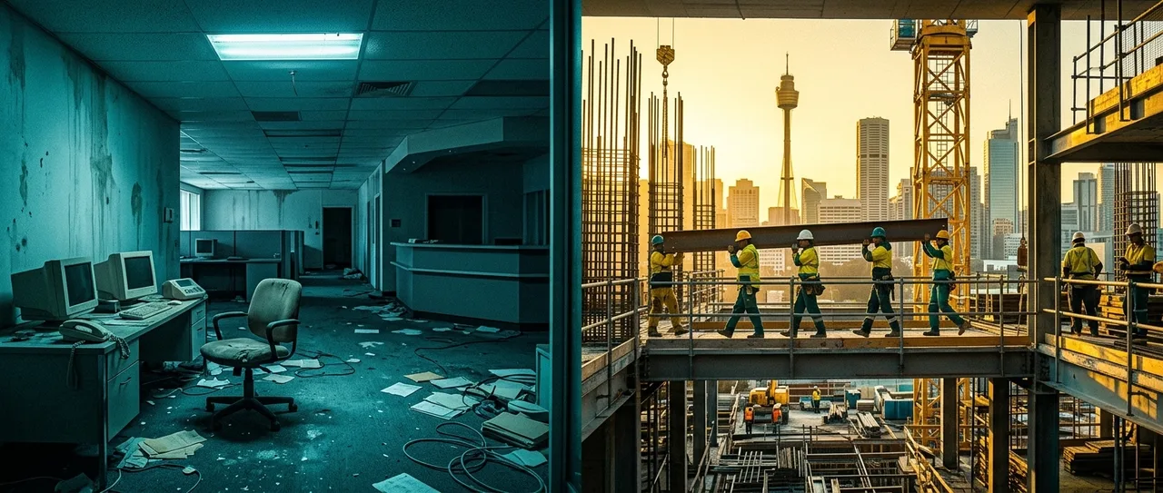 Construction workers in PPE at a Sydney building site at dawn, toolbox talk in progress