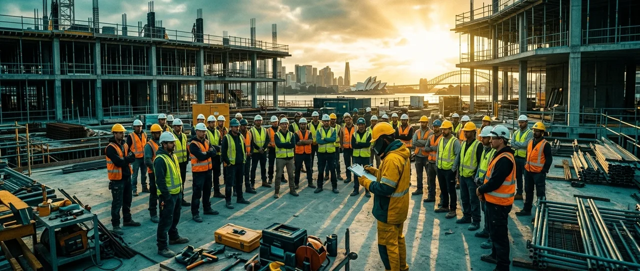 Career changer confidently wearing hi-vis and hard hat on a Sydney construction site