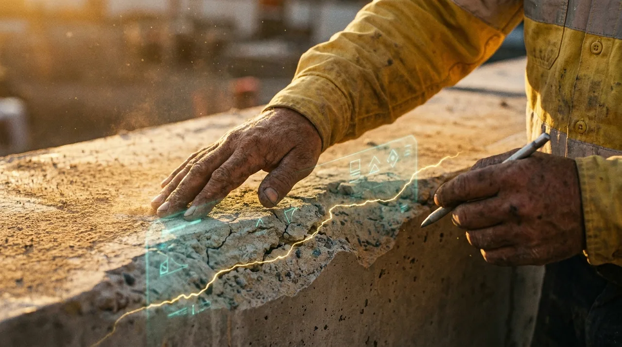 A close mid shot of a weathered Sydney foreman's calloused hands inspecting a poorly formed-up concrete section that needs rework, golden dust and grime