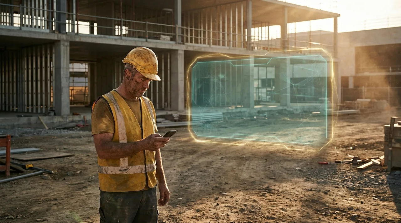 An empty stretch of a Sydney construction site at golden hour where a no-show worker should be, a single weathered builder in dusty golden-yellow hi-vis