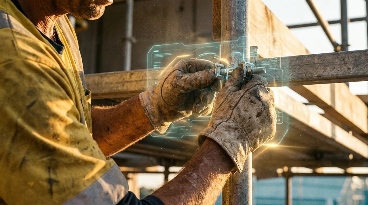 A close mid shot of a weathered Sydney scaffolder's gloved hands locking a scaffold clamp high on a structure at golden hour, sweat and grime, dusty
