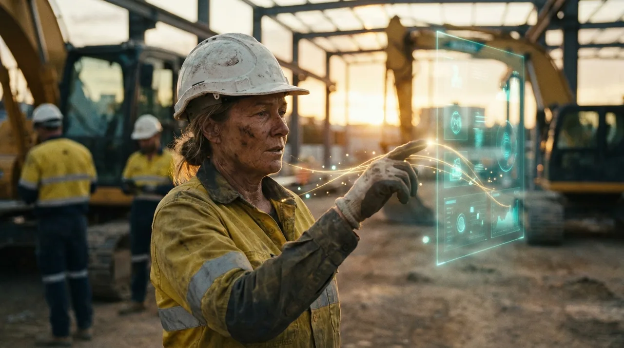 A weathered female Sydney site lead in dusty golden-yellow hi-vis and a scuffed hard hat making a decision on a busy site at golden hour while a prominent