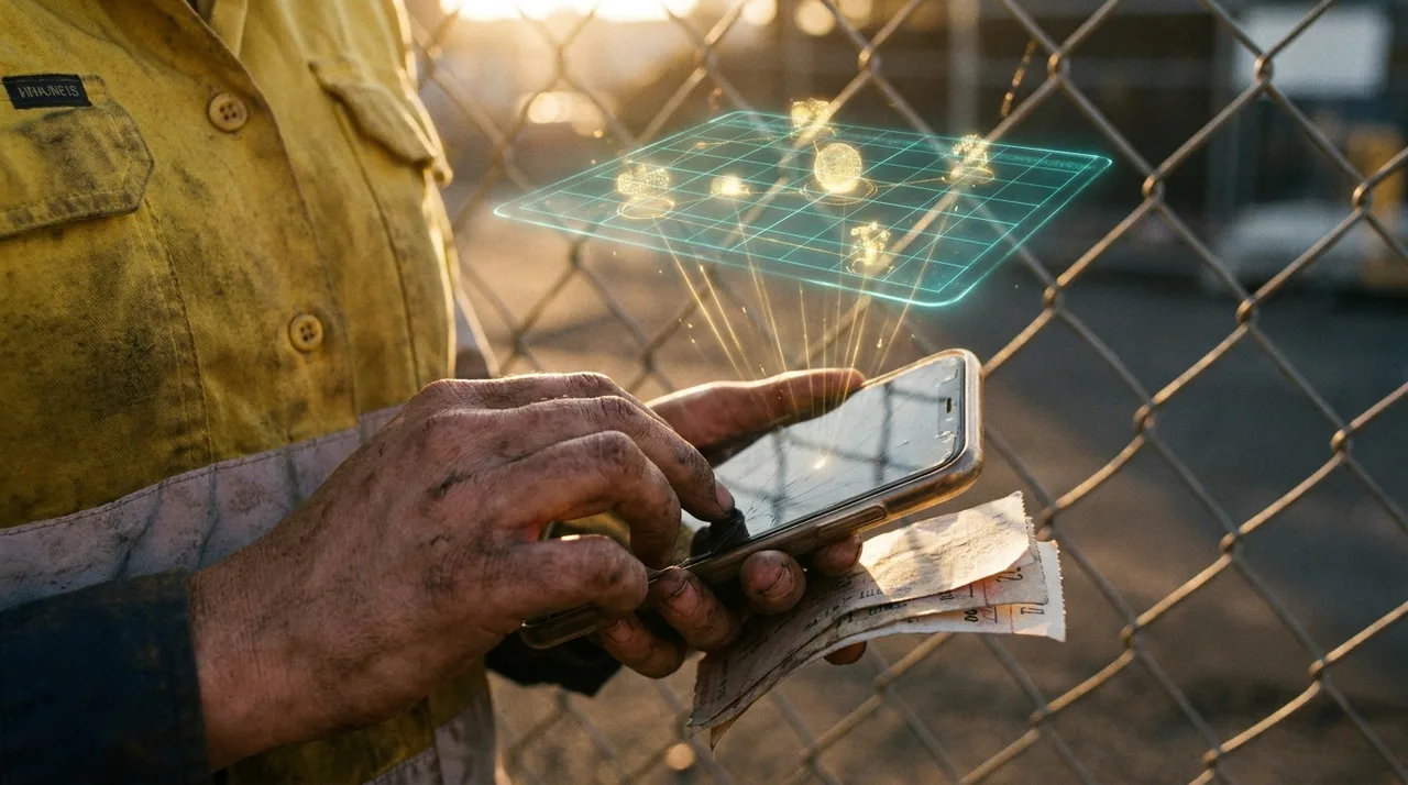 A close mid shot of a weathered female Sydney worker's hands holding a phone photographing her tickets to attach to her CV at golden hour, dusty golden-yellow hi-vis