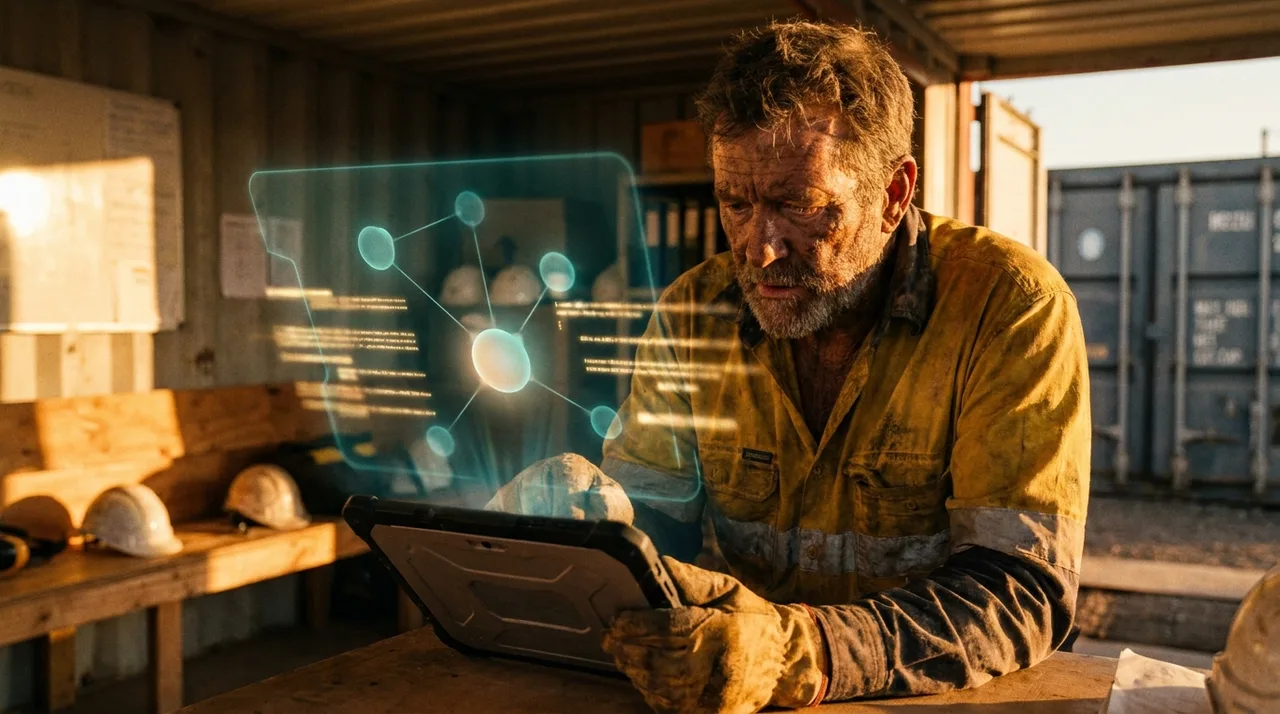 A weathered Sydney allocator in dusty golden-yellow hi-vis scanning worker CVs on a tablet at a site office at golden hour, warm raking light