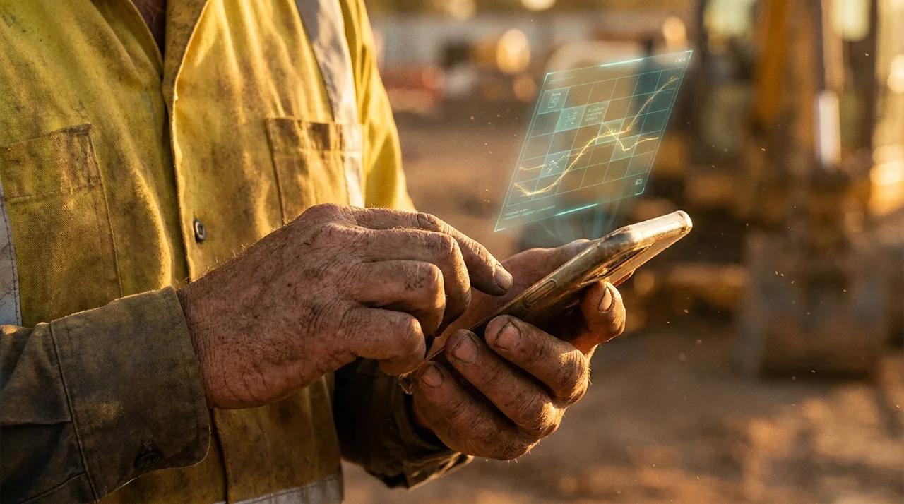 A close mid shot of a weathered Sydney worker's calloused hands texting an allocator about availability on a phone at golden hour, dusty golden-yellow