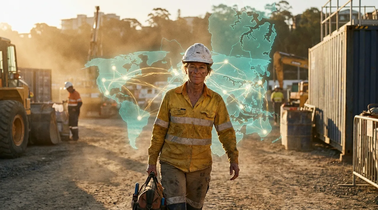 A weathered female Sydney worker in dusty golden-yellow hi-vis and a scuffed hard hat arriving at a different Sydney site than the day before at golden