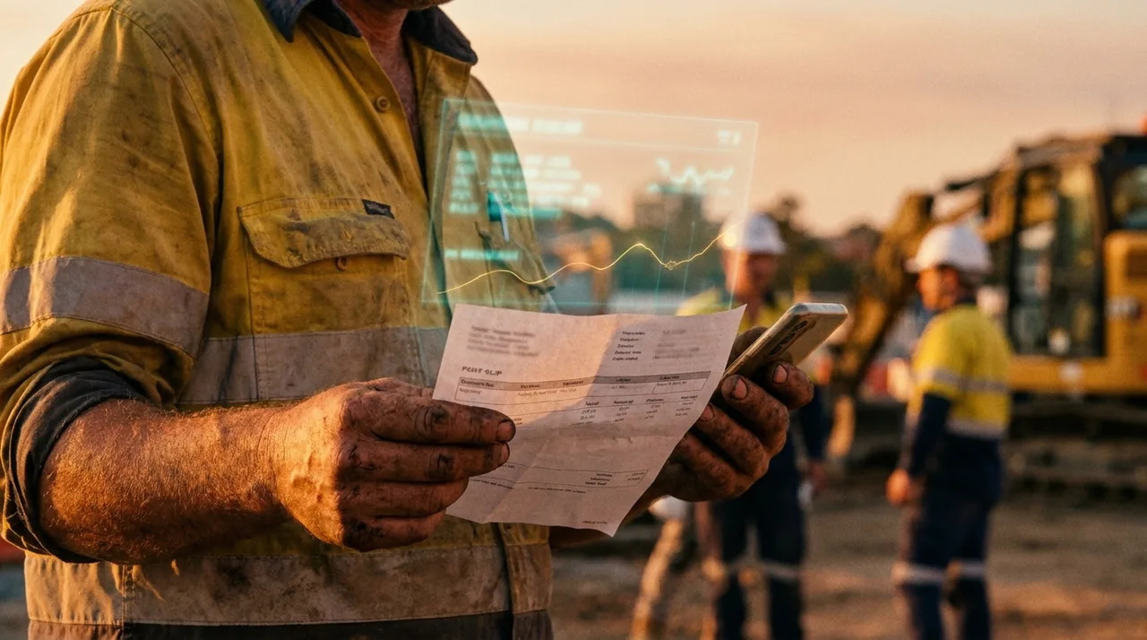 A close mid shot of a weathered backpacker worker's calloused hands holding a payslip and a phone at smoko on a Sydney site at golden hour, dusty
