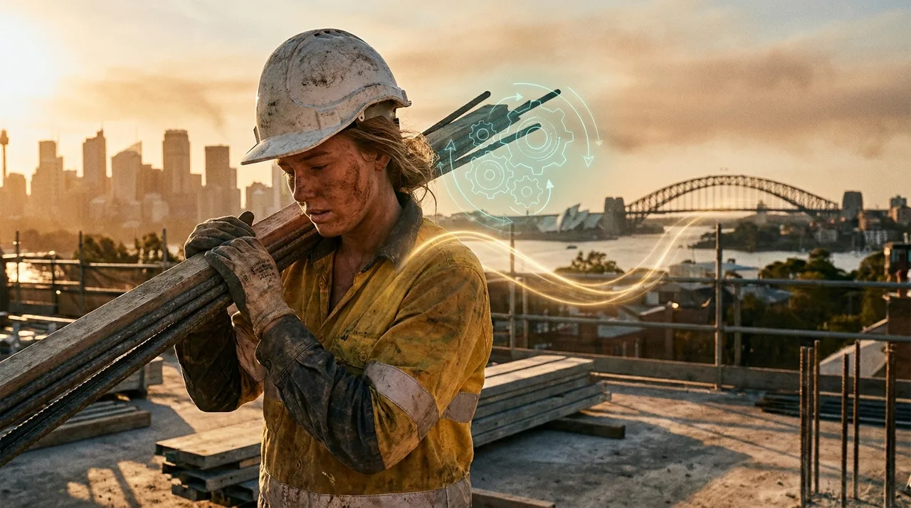 A young weathered female backpacker labourer in dusty golden-yellow hi-vis and a scuffed hard hat carrying materials on a Sydney site at golden hour with