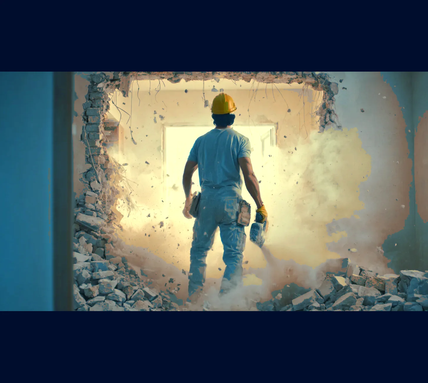 Demolition worker walking through a broken wall on a Sydney construction site